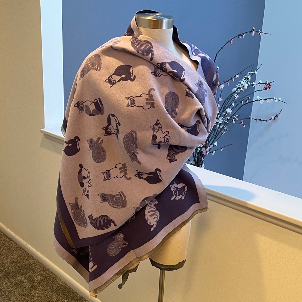 Purple and Cream Cat Print Scarf